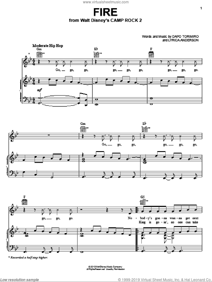 Fire (from Camp Rock 2) sheet music for voice, piano or guitar by Matthew Mdot Finley, Camp Rock 2 (Movie), Dapo Torimiro and Lyrica Anderson, intermediate skill level