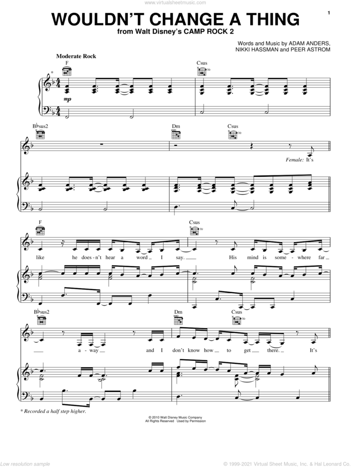 Wouldn't Change A Thing (from Camp Rock 2) sheet music for voice, piano or guitar by Demi Lovato & Joe Jonas, Camp Rock 2 (Movie), Joe Jonas, Adam Anders, Nikki Hassman and Peer Astrom, intermediate skill level