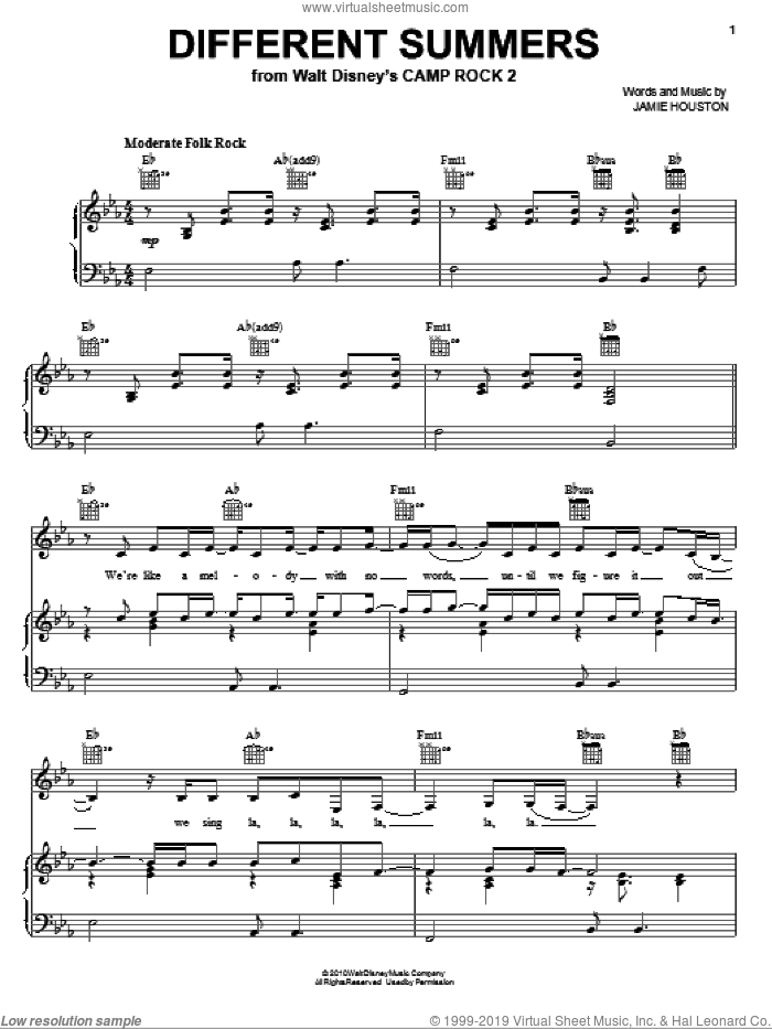 Different Summers (from Camp Rock 2) sheet music for voice, piano or guitar by Demi Lovato, Camp Rock 2 (Movie) and Jamie Houston, intermediate skill level