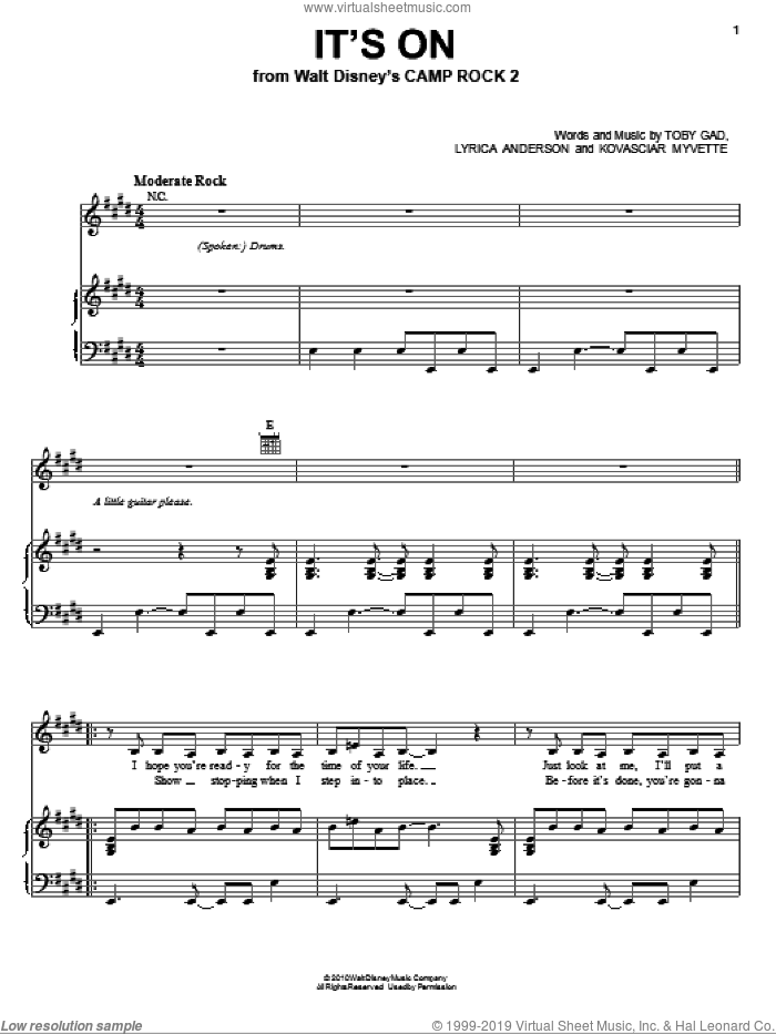 It's On (from Camp Rock 2) sheet music for voice, piano or guitar by Demi Lovato, Camp Rock 2 (Movie), Kovasciar Myvette, Lyrica Anderson and Toby Gad, intermediate skill level