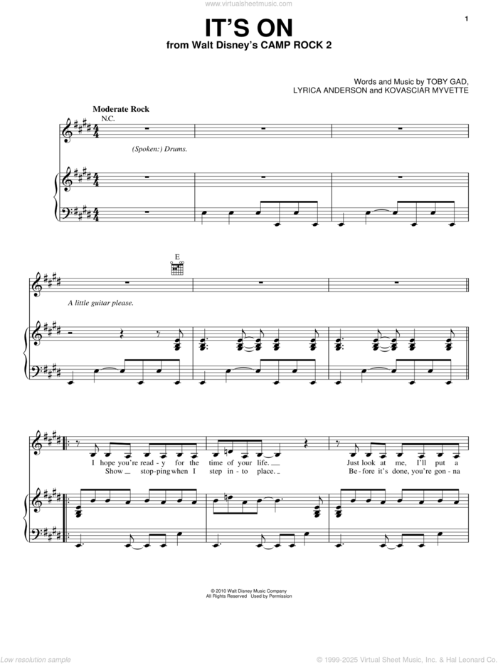 It's On (from Camp Rock 2) sheet music for voice, piano or guitar by Demi Lovato, Camp Rock 2 (Movie), Kovasciar Myvette, Lyrica Anderson and Toby Gad, intermediate skill level