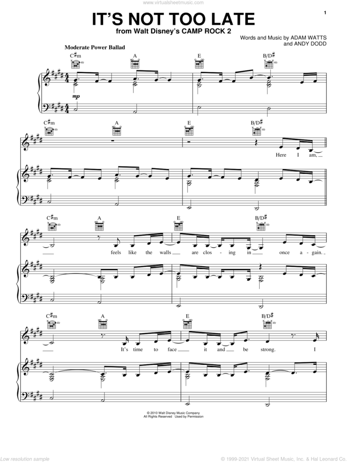 It's Not Too Late (from Camp Rock 2) sheet music for voice, piano or guitar by Demi Lovato, Camp Rock 2 (Movie), Adam Watts and Andy Dodd, intermediate skill level