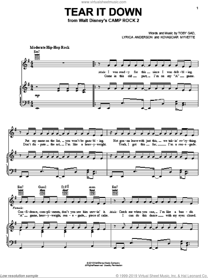 Tear It Down (from Camp Rock 2) sheet music for voice, piano or guitar by Meaghan Martin, Camp Rock 2 (Movie), Kovasciar Myvette, Lyrica Anderson and Toby Gad, intermediate skill level