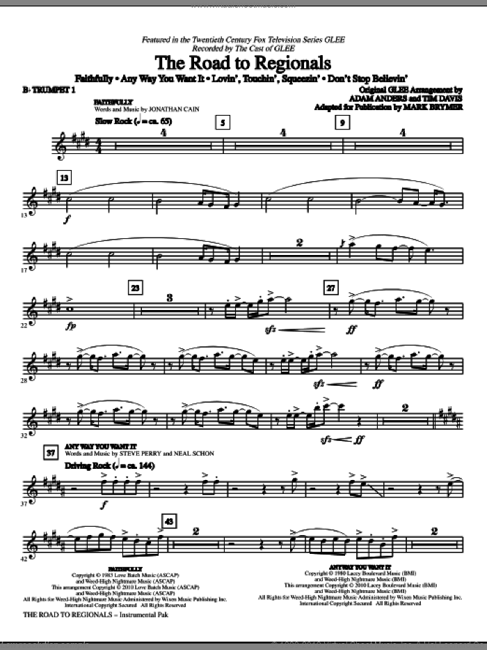 The Road To Regionals (featured on Glee) (complete set of parts) sheet music for orchestra/band by Mark Brymer, Adam Anders, Glee Cast, Journey, Miscellaneous and Tim Davis, intermediate skill level