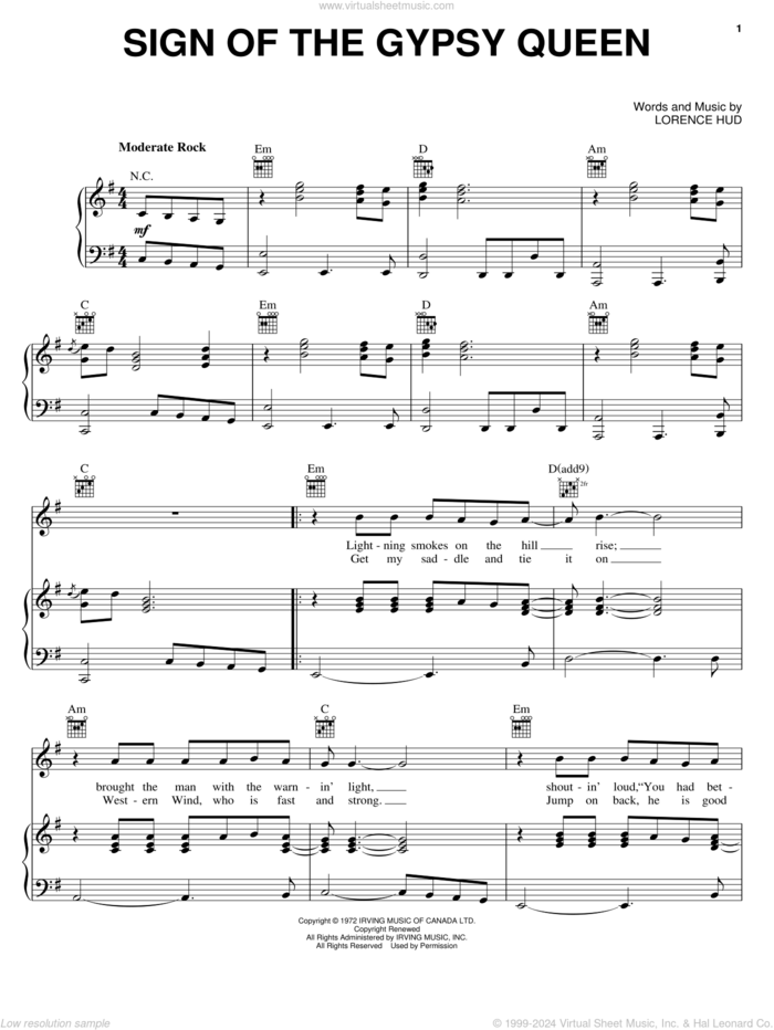 Sign Of The Gypsy Queen sheet music for voice, piano or guitar by April Wine and Lorence Hud, intermediate skill level