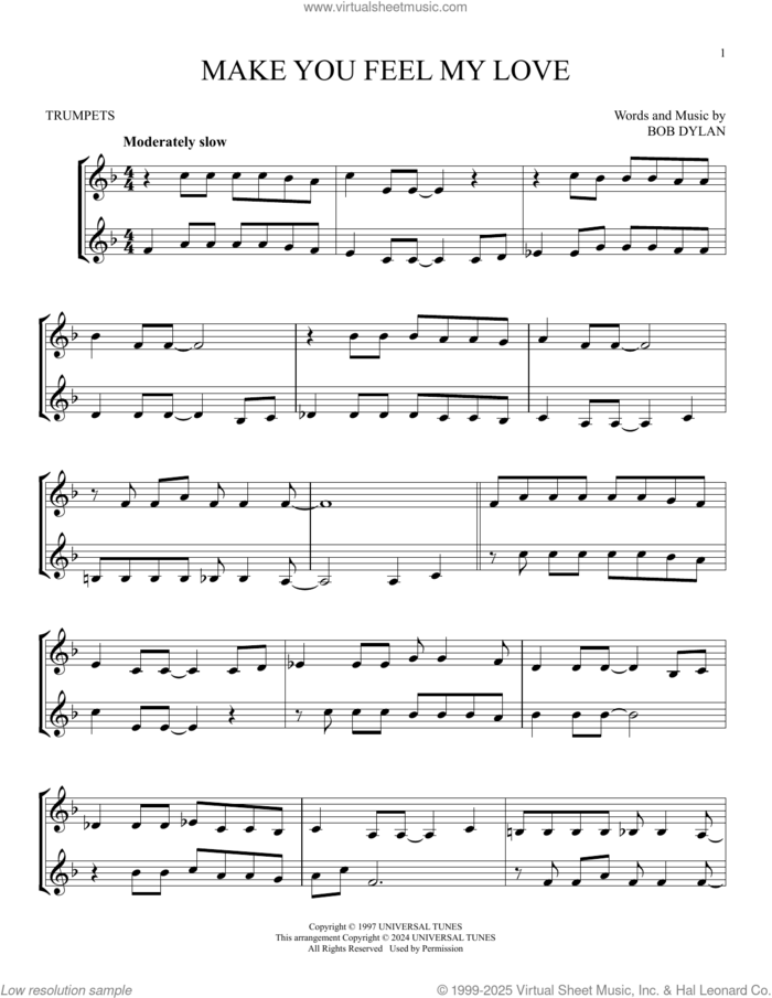 Make You Feel My Love sheet music for two trumpets (duet, duets) by Adele and Bob Dylan, intermediate skill level