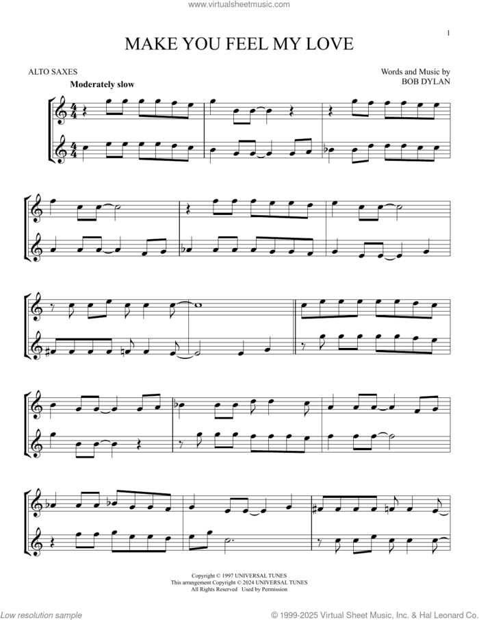 Make You Feel My Love sheet music for two alto saxophones (duets) by Adele and Bob Dylan, intermediate skill level