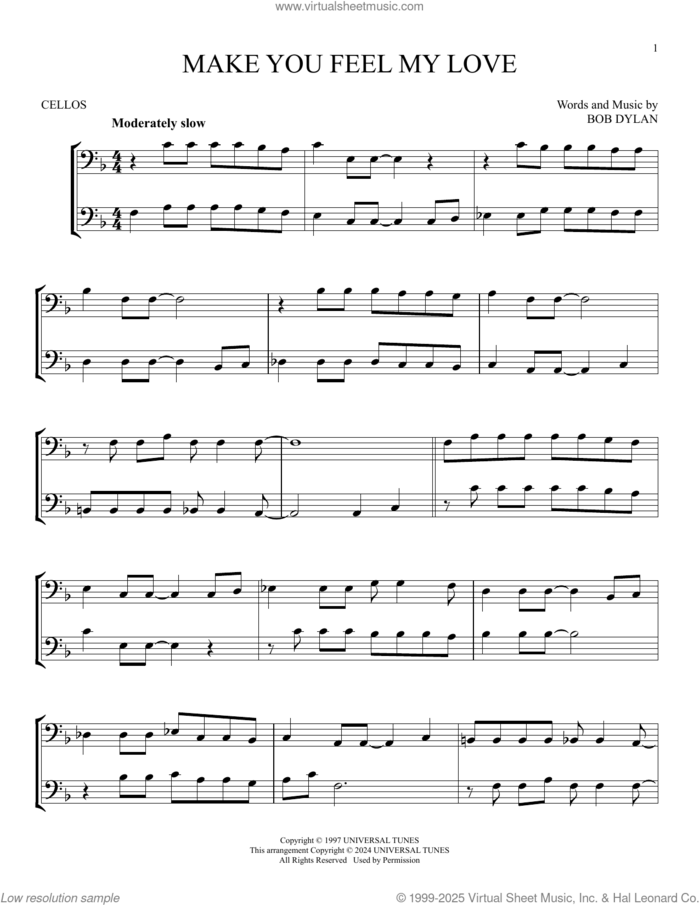 Make You Feel My Love sheet music for two cellos (duet, duets) by Adele and Bob Dylan, intermediate skill level