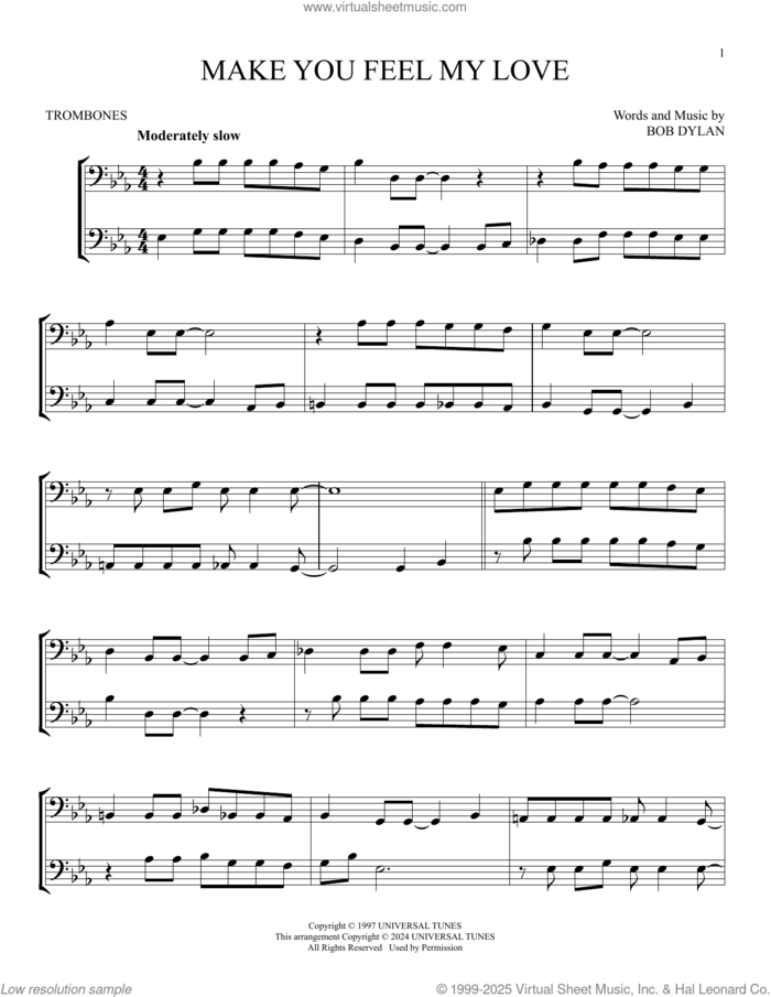 Make You Feel My Love sheet music for two trombones (duet, duets) by Adele and Bob Dylan, intermediate skill level