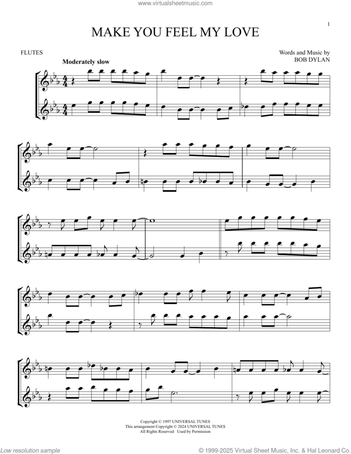 Make You Feel My Love sheet music for two flutes (duets) by Adele and Bob Dylan, intermediate skill level