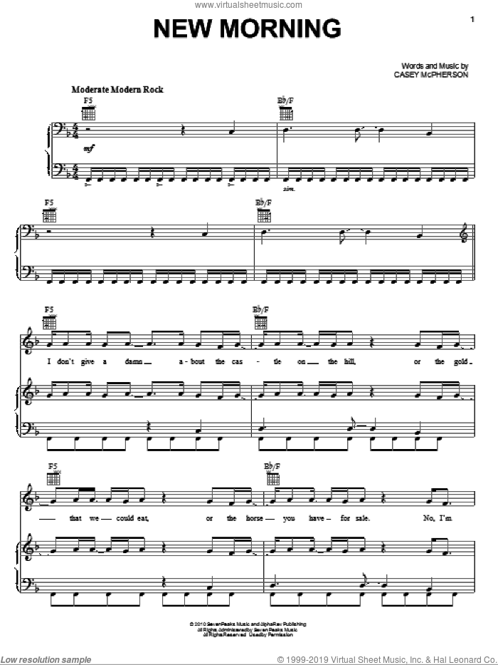 New Morning sheet music for voice, piano or guitar by Alpha Rev, The Last Song (Movie) and Casey McPherson, intermediate skill level