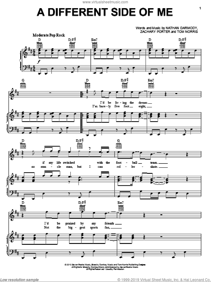 A Different Side Of Me sheet music for voice, piano or guitar by Allstar Weekend, The Last Song (Movie), Nathan Darmody, Tom Norris and Zachary Porter, intermediate skill level