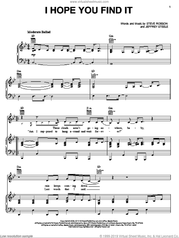 I Hope You Find It sheet music for voice, piano or guitar by Miley Cyrus, The Last Song (Movie), Jeffrey Steele and Steve Robson, intermediate skill level