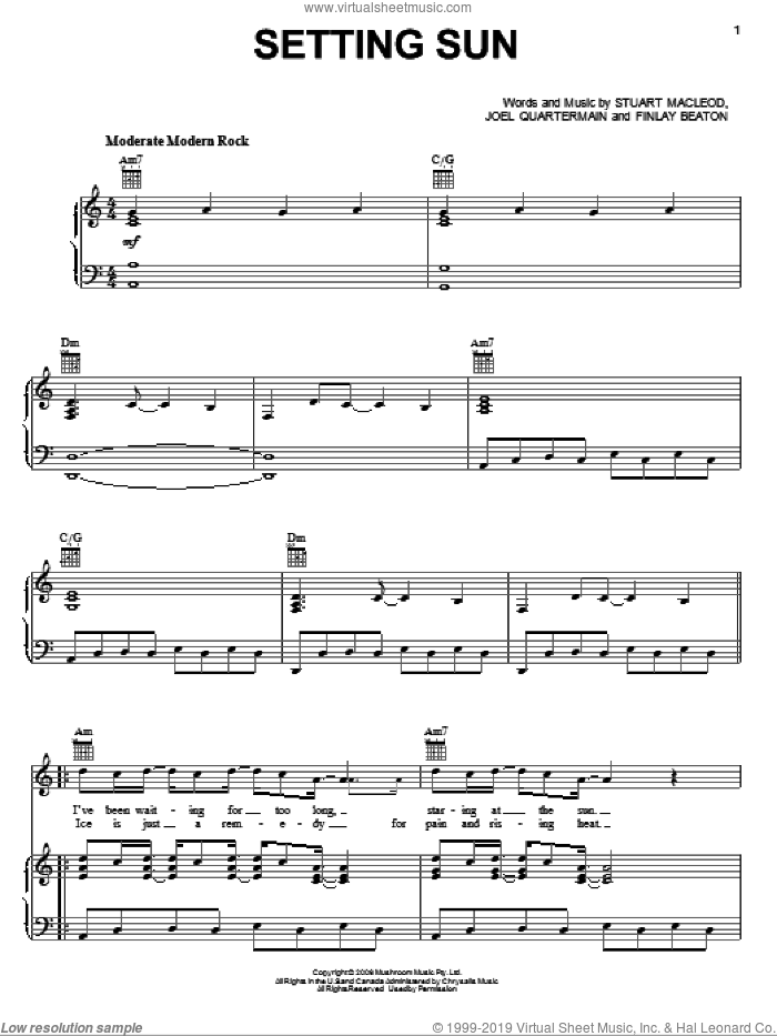 Setting Sun sheet music for voice, piano or guitar by Eskimo Joe, The Last Song (Movie), Finlay Beaton, Joel Quartermain and Stuart Macleod, intermediate skill level