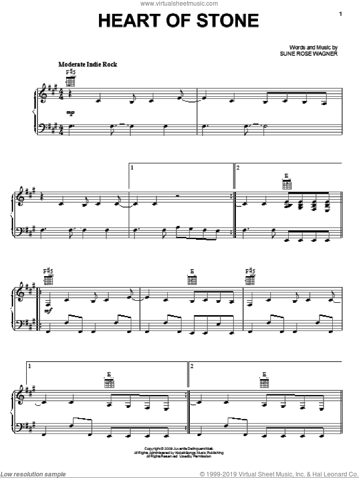 Heart Of Stone sheet music for voice, piano or guitar by The Raveonettes, The Last Song (Movie) and Sune Rose Wagner, intermediate skill level