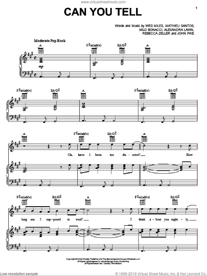 Can You Tell sheet music for voice, piano or guitar by Ra Ra Riot, The Last Song (Movie), Alexandra Lawn, John Pike, Mathieu Santos, Milo Bonacci, Rebecca Zeller and Wes Miles, intermediate skill level