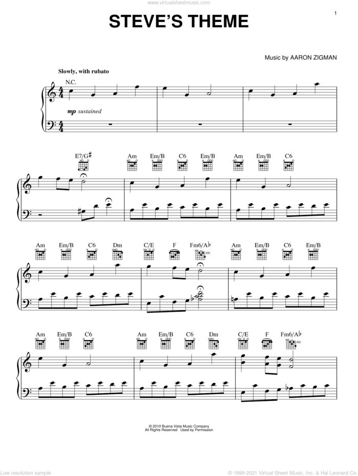 Steve's Theme (from The Last Song) sheet music for piano solo by Aaron Zigman and The Last Song (Movie), intermediate skill level