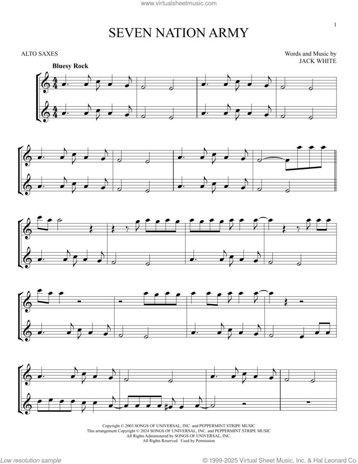 Seven Nation Army sheet music for two alto saxophones (duets) by White Stripes and Jack White, intermediate skill level