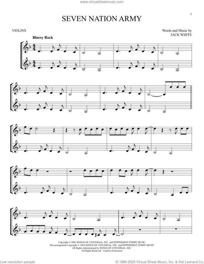 Seven Nation Army sheet music for two violins (duets, violin duets) by White Stripes and Jack White, intermediate skill level