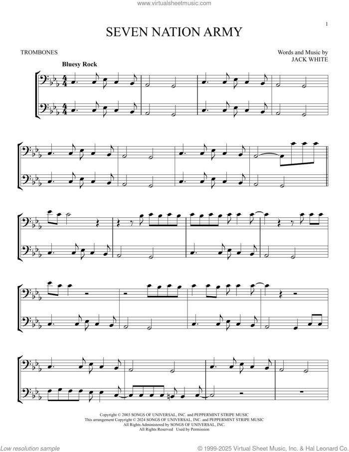 Seven Nation Army sheet music for two trombones (duet, duets) by White Stripes and Jack White, intermediate skill level