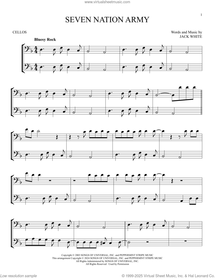 Seven Nation Army sheet music for two cellos (duet, duets) by White Stripes and Jack White, intermediate skill level