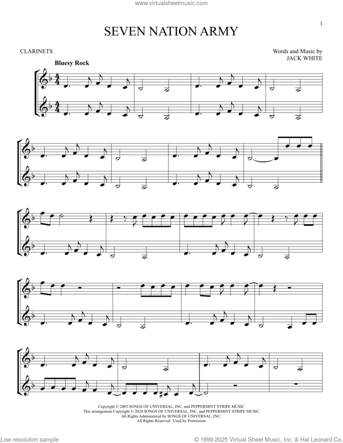 Seven Nation Army sheet music for two clarinets (duets) by White Stripes and Jack White, intermediate skill level