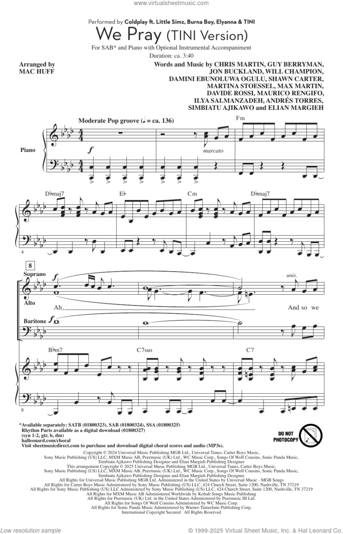 We Pray - Tini Version (arr. Mac Huff) sheet music for choir (SAB: soprano, alto, bass) by Coldplay, Mac Huff, TINI, Andres Torres, Chris Martin, Damini Ebunoluwa Ogulu, Davide Rossi, Elian Margieh, Guy Berryman, Ilya Salmanxadeh, John Metcalfe, Jon Buckland, Martina Stoessel, Maurico Rengifo, Shawn Carter, Simbiatu Abisola Abiola Ajikaw and Will Champion, intermediate skill level