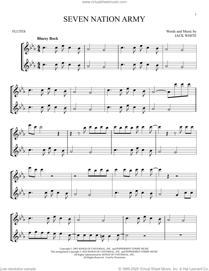 Seven Nation Army sheet music for two flutes (duets) by White Stripes and Jack White, intermediate skill level