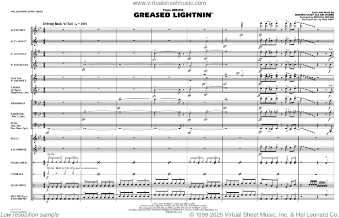 Greased Lightnin' (from Grease) (arr. Michael Brown) (COMPLETE) sheet music for marching band by Michael Brown, Jim Jacobs, Warren Casey, Warren Casey & Jim Jacobs and Will Rapp, intermediate skill level