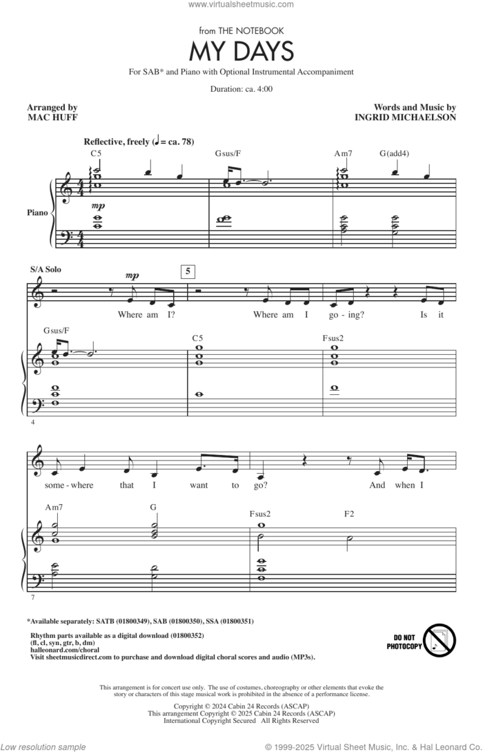 My Days (from The Notebook) (arr. Mac Huff) sheet music for choir (SAB: soprano, alto, bass) by Ingrid Michaelson and Mac Huff, intermediate skill level