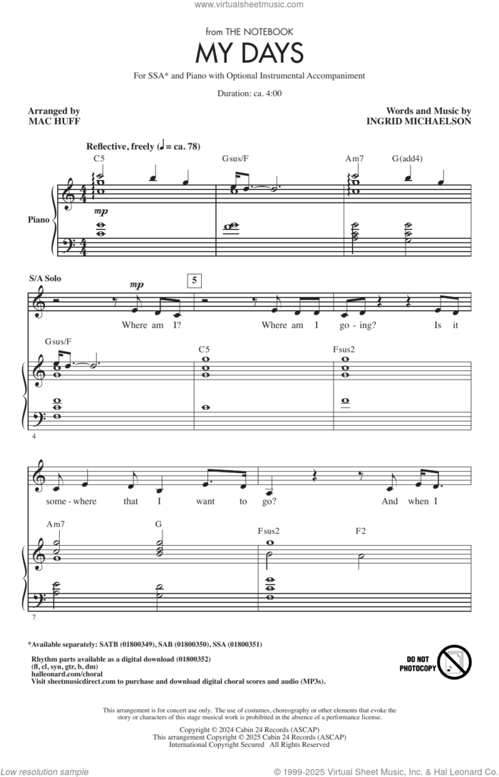 My Days (from The Notebook) (arr. Mac Huff) sheet music for choir (SSA: soprano, alto) by Ingrid Michaelson and Mac Huff, intermediate skill level