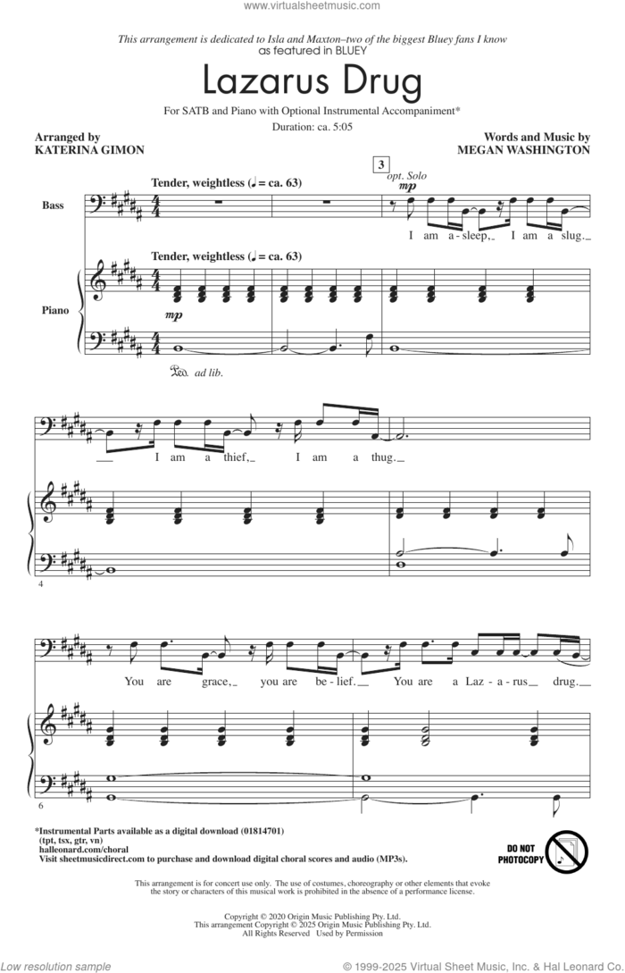 Lazarus Drug (from Bluey) (arr. Katerina Gimon) sheet music for choir (SATB: soprano, alto, tenor, bass) by Meg Washington, Katerina Gimon and Megan Washington, intermediate skill level