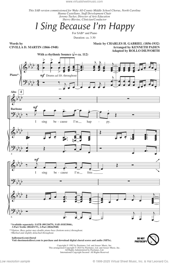 I Sing Because I'm Happy (adapt. Rollo Dilworth) sheet music for choir (SAB: soprano, alto, bass) by Charles H. Gabriel, Kenneth Paden (arr.), Rollo Dilworth and Civilla D. Martin, intermediate skill level