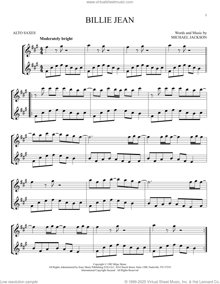 Billie Jean sheet music for two alto saxophones (duets) by Michael Jackson, intermediate skill level