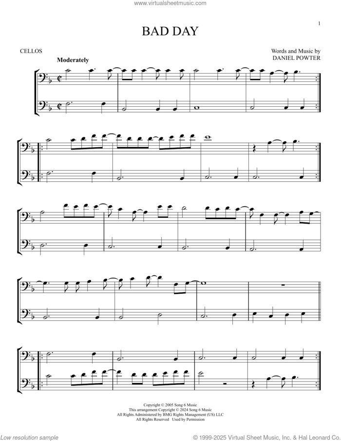 Bad Day sheet music for two cellos (duet, duets) by Daniel Powter, intermediate skill level