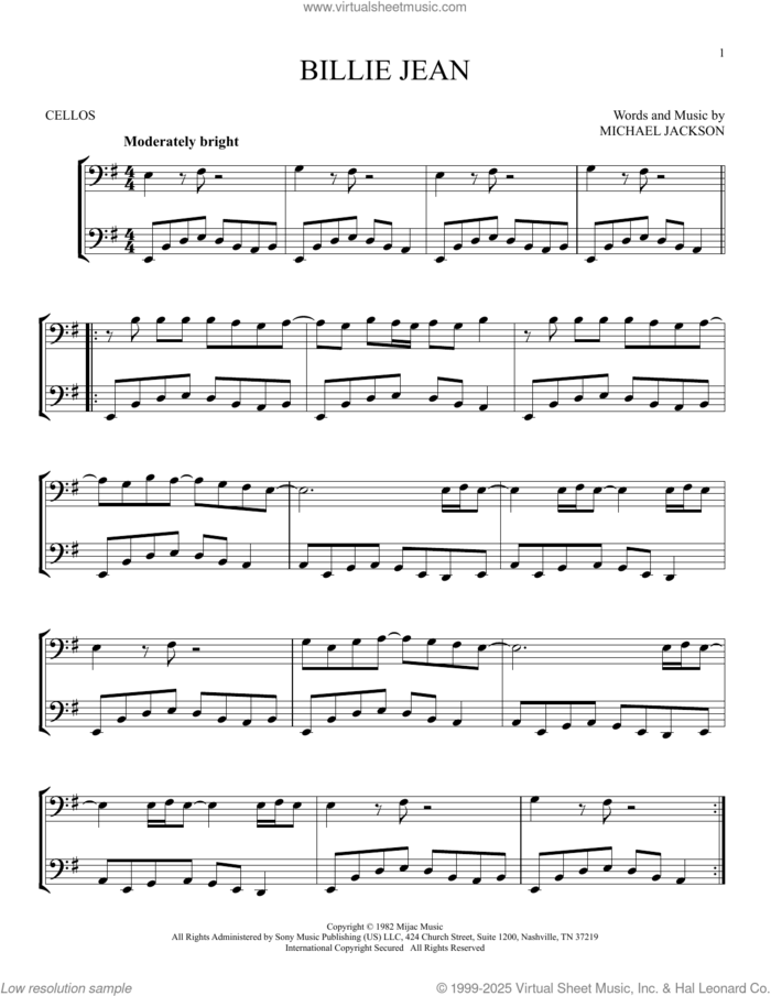 Billie Jean sheet music for two cellos (duet, duets) by Michael Jackson, intermediate skill level