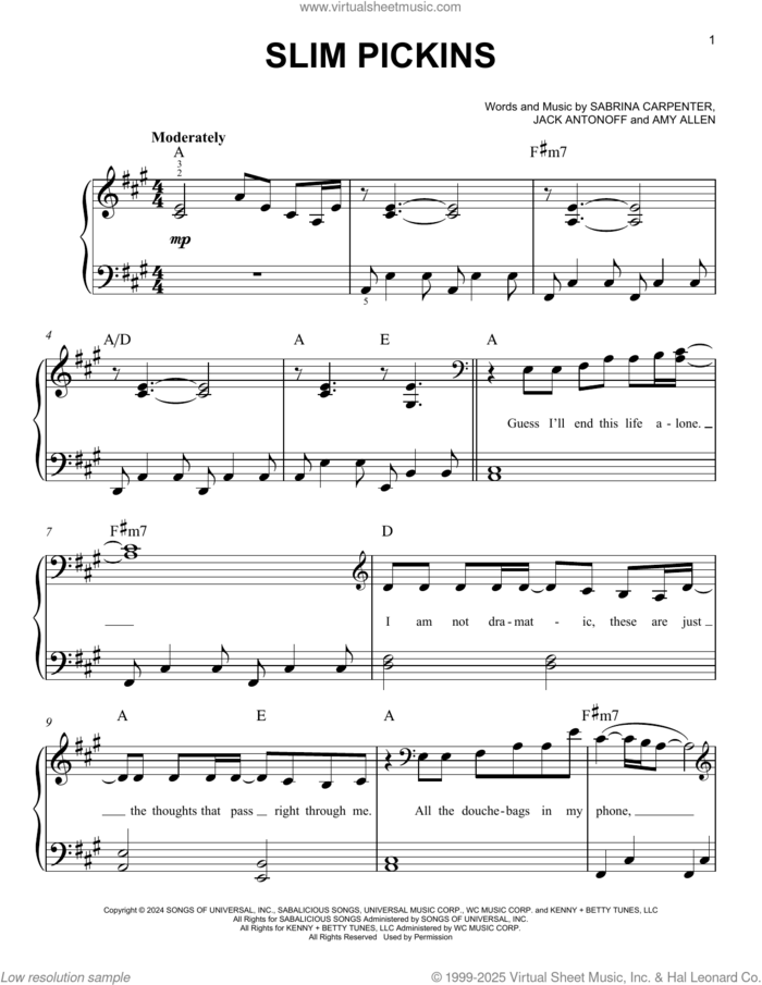 Slim Pickins sheet music for piano solo by Sabrina Carpenter, Amy Allen and Jack Antonoff, easy skill level