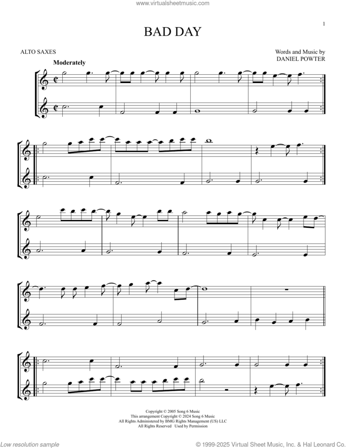 Bad Day sheet music for two alto saxophones (duets) by Daniel Powter, intermediate skill level