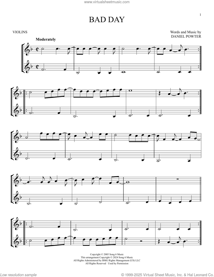 Bad Day sheet music for two violins (duets, violin duets) by Daniel Powter, intermediate skill level