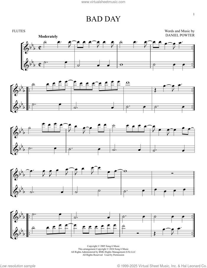 Bad Day sheet music for two flutes (duets) by Daniel Powter, intermediate skill level