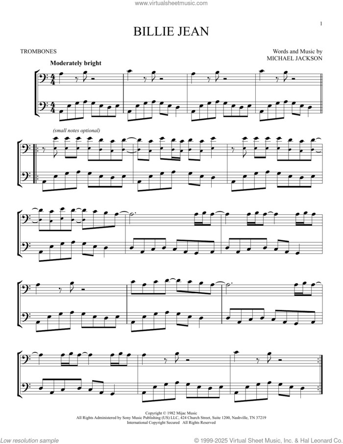 Billie Jean sheet music for two trombones (duet, duets) by Michael Jackson, intermediate skill level