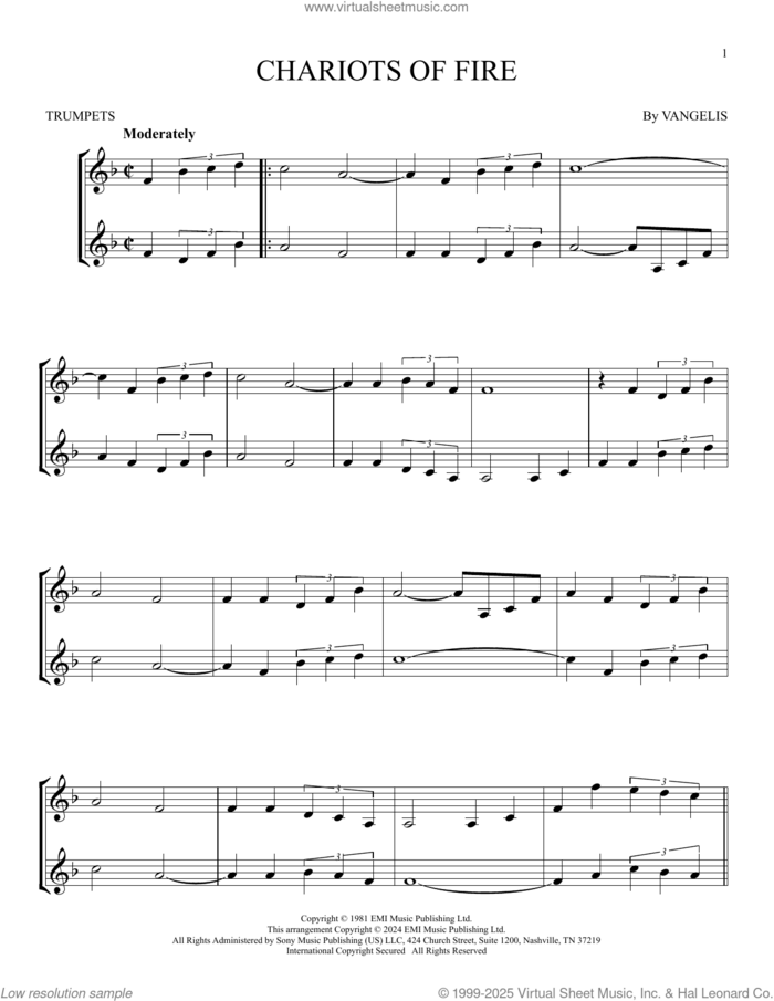 Chariots Of Fire sheet music for two trumpets (duet, duets) by Vangelis, intermediate skill level