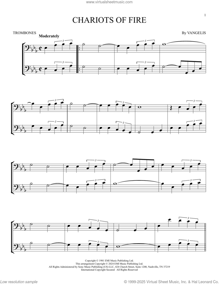 Chariots Of Fire sheet music for two trombones (duet, duets) by Vangelis, intermediate skill level