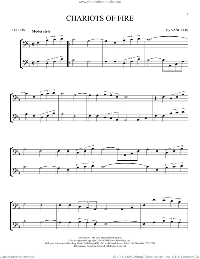 Chariots Of Fire sheet music for two cellos (duet, duets) by Vangelis, intermediate skill level