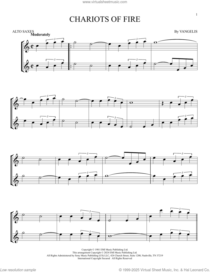 Chariots Of Fire sheet music for two alto saxophones (duets) by Vangelis, intermediate skill level