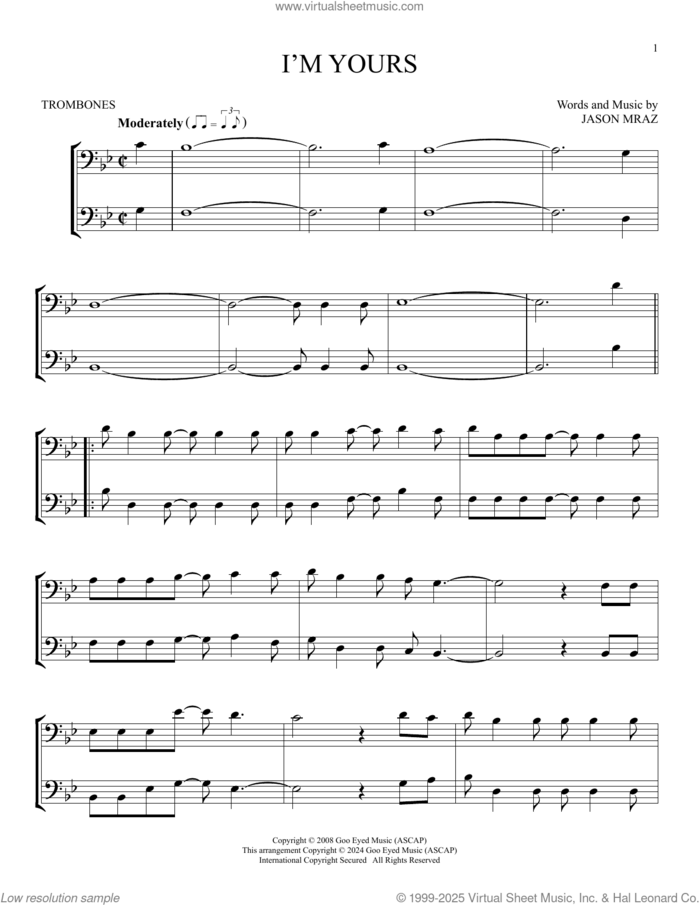 I'm Yours sheet music for two trombones (duet, duets) by Jason Mraz, intermediate skill level