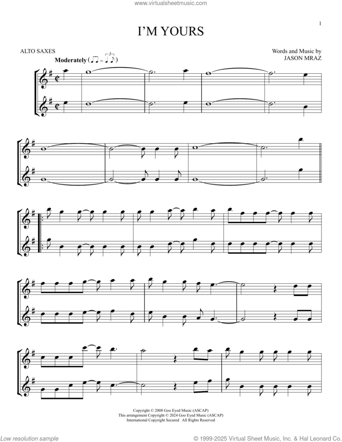 I'm Yours sheet music for two alto saxophones (duets) by Jason Mraz, intermediate skill level