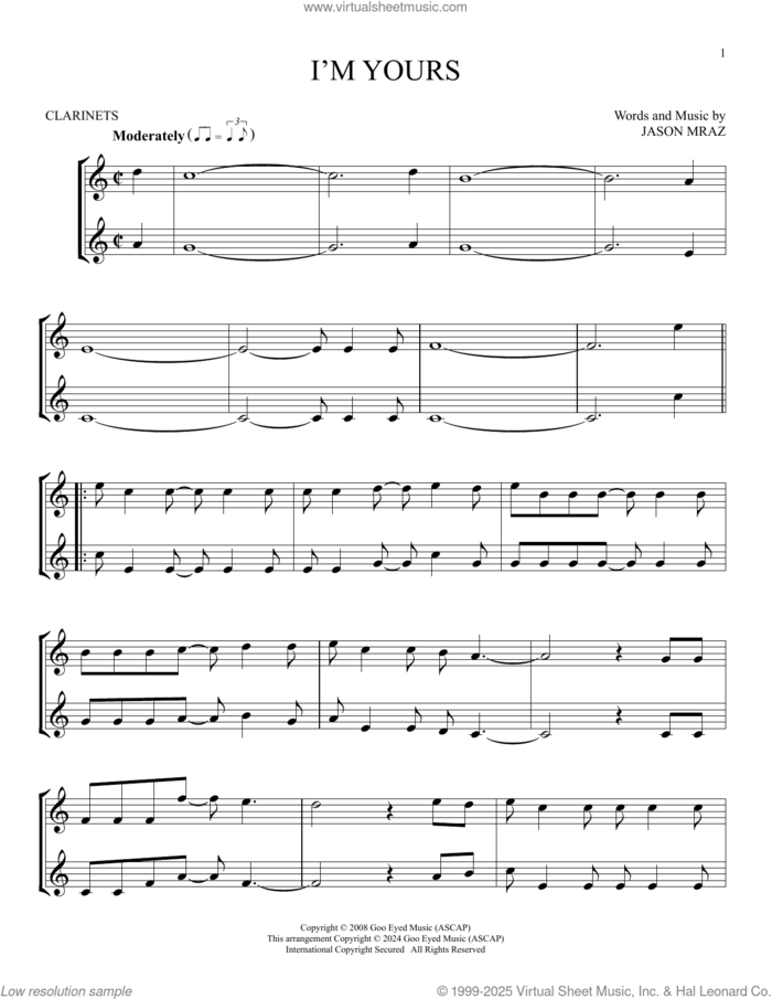 I'm Yours sheet music for two clarinets (duets) by Jason Mraz, intermediate skill level