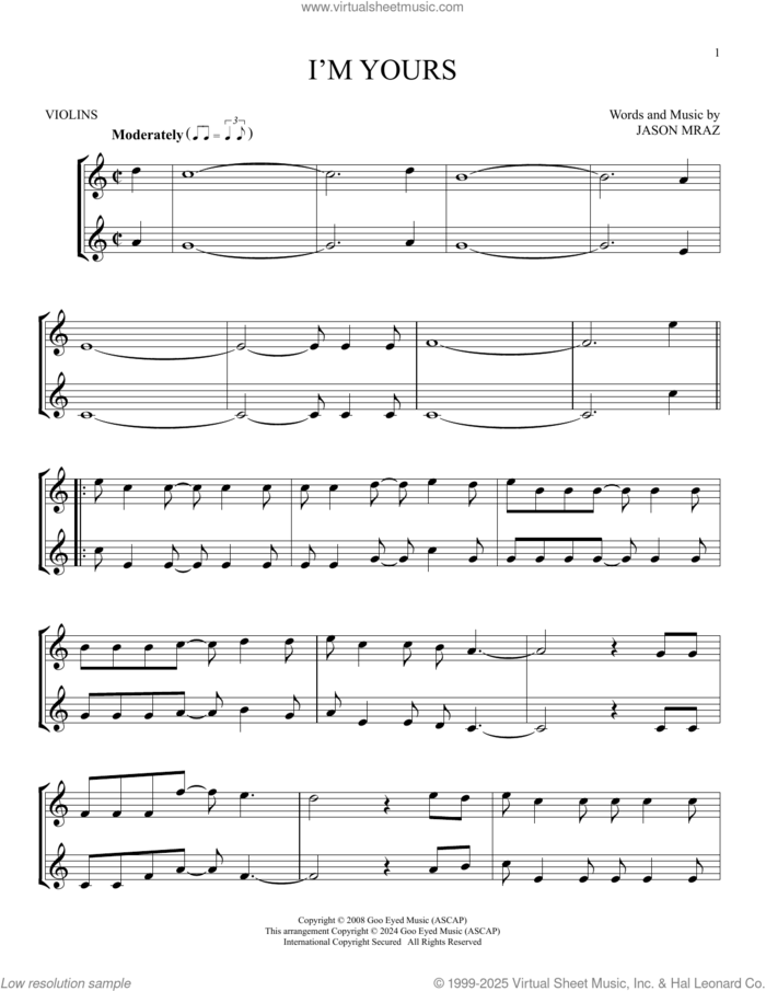 I'm Yours sheet music for two violins (duets, violin duets) by Jason Mraz, intermediate skill level