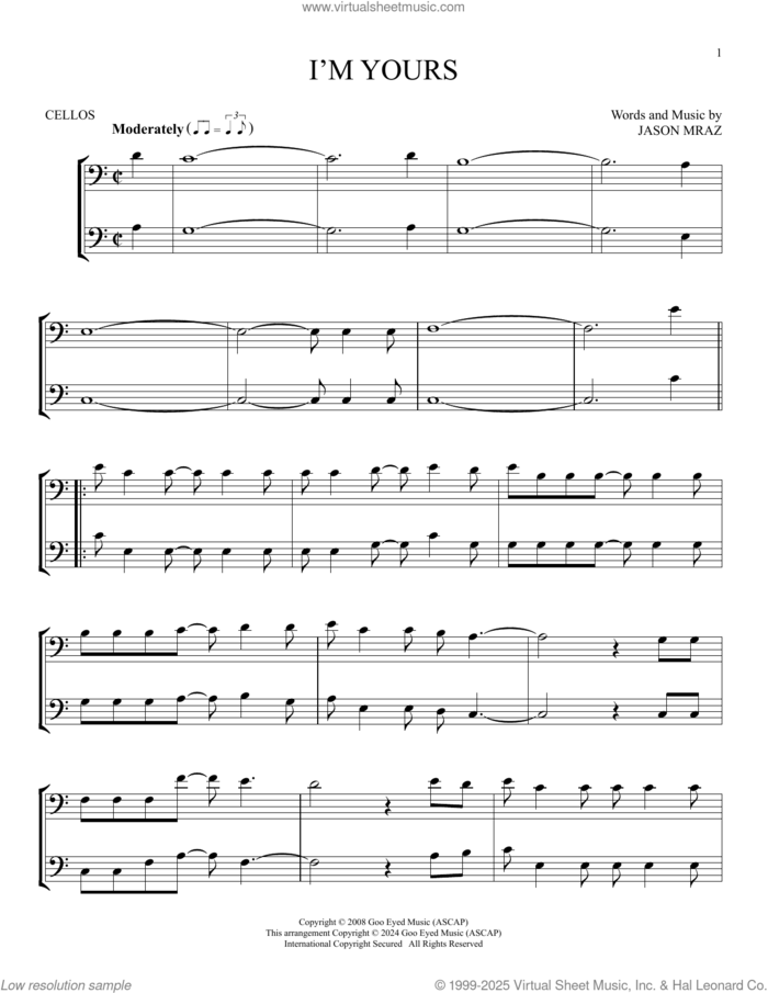 I'm Yours sheet music for two cellos (duet, duets) by Jason Mraz, intermediate skill level